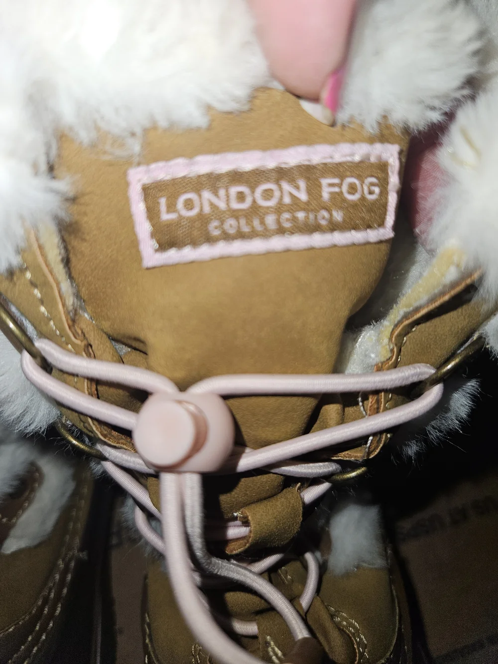 London Fog Brown Womens Waterproof Snow Boots with Pink Accents